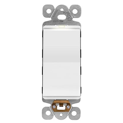 LIDER Minimalist Design Matte Finish Lighted Decorator Switch, Frameless Paddle Light Switch with Locator Light, Grounding Screw, 3-Way or Single Pole, 15A 120V, UL Listed, LS15-3W-W, White