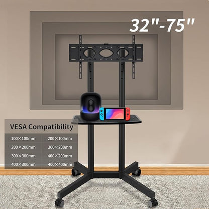 Solid Grace Rolling TV Stand with Power Outlet for 32-75 Inch TVs up to 88lbs, Portable TV Stand with Shelf, Mobile TV Cart for Living Room, Office, Meeting Room, Outdoor(with Power Outlet+Shelf)