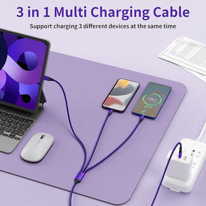 USB C Multi Charging Cable, (2 Pack 4FT), 3 in 1 Charging Cable Nylon Braided Universal Charger Cable with Type-C, Micro USB,IP Port for iPhone16/15 Series/Cell Phones & Pads and Other Devices-Purple