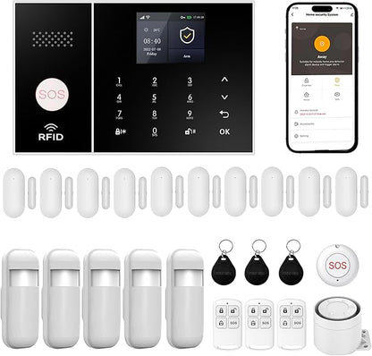 XUK Wireless 4G/GSM/Wi-Fi Security System for Home/Apartment, Smart Security Alarm with Door/Window Sensors, PIR Motion Detector, Compatible with Alexa/Google Home, Easy Installation (24pcs Set)