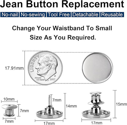 TOOVREN 8 Sets Jean Buttons for Loose Jeans, No Sew No Tool Instant Replacement Button Pins Adjustable Pant Waist Tightener to Make Smaller, Reusable Extra Pants Clips to Tighten Waist, Silver
