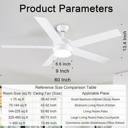 POCHFAN 60 Inch White Ceiling Fans with Lights and Remote Control,Quiet Modern Ceiling Fan for Bedroom,Living Room, Dining Room,Dimmable 3-Color Temperatures 6-Speed
