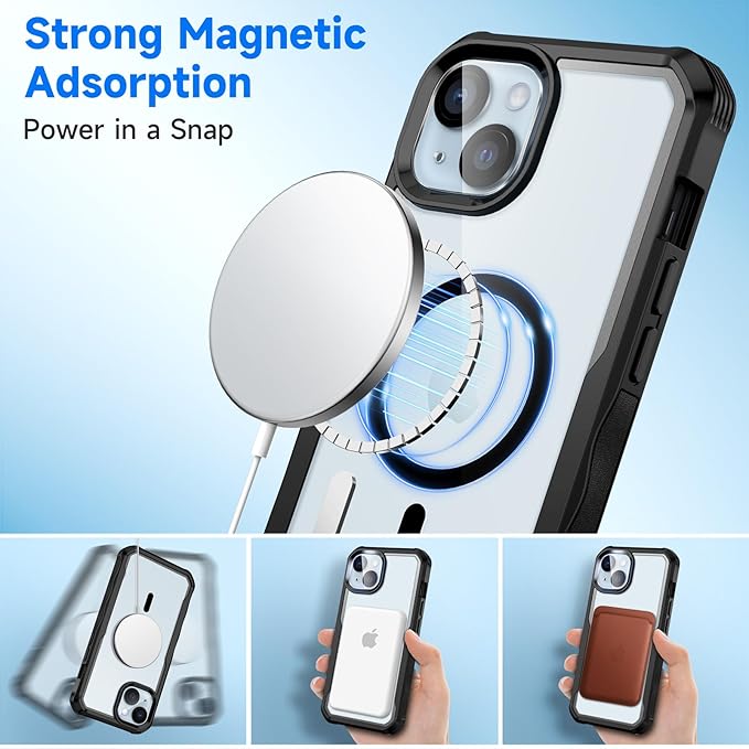 seacosmo for iPhone 15 Case, Full Body Bumper with Built-in 9H Tempered Glass Privacy Screen Protector and Camera Lens Protector, Compatible with MagSafe, Shockproof Phone Cover, 6.1", Black