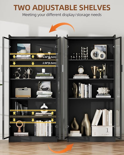 Dystler Display Cabinet with Glass Doors and Shelves, 65" Tall Curio Cabinet with LED Lights/Human Sensor, 5 Tier Display Case for Collectibles Bedroom Living Room Office, Black