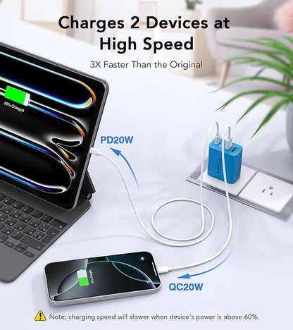 [40W/2Pack] Wall Charger, USB C Charger Block, Multi-Port PD + QC 3.0 Super Fast Charging Power Plug Adapter Brick for Watch Series 9 8 7, iPhone 16 15 14 13 Pro Max Airpod, Samsung Galaxy S24(Blue)