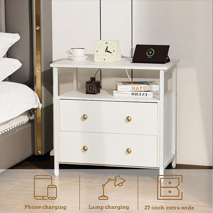 Edbuosy 27 inch Wide Night Stand Set 2 with Charging Station, Bedside Table with Open Shelf, 2 Drawers Small Wood Dresser, Modern Wood Nightstand for Bedroom/Living Room (White)