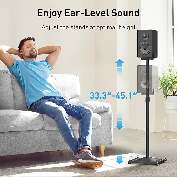 PERLESMITH Universal Speaker Stands for Surround Sound -Height Adjustable Extend 33.3”to 45.1”, Floor Speaker Stand for Satellite & Studio & Bookshelf Speakers up to 11LBS,1 Pair Black, PSSS2