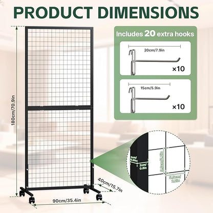 Maeklon 3 Pack Grid Wall Panel Rack, 3x6 Ft Metal Gridwall Display Stand with T-Base Wheels, Heavy-Duty Mobile Freestanding Racks with 20 Grid Hooks, for Retail Store, Craft Show, Boutique, Black