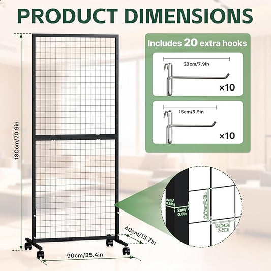 Maeklon 3 Pack Grid Wall Panel Rack, 3x6 Ft Metal Gridwall Display Stand with T-Base Wheels, Heavy-Duty Mobile Freestanding Racks with 20 Grid Hooks, for Retail Store, Craft Show, Boutique, Black