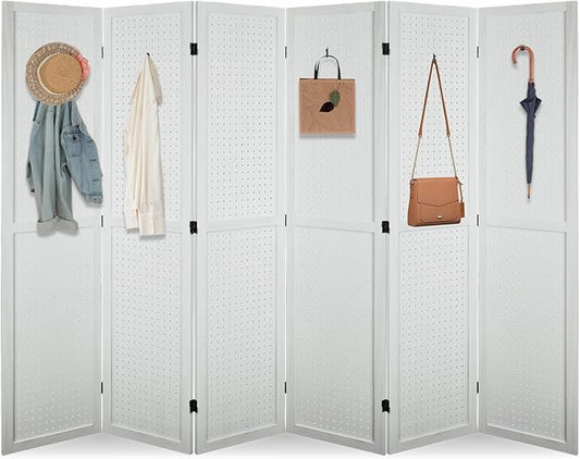 ECOMEX 6 Panel Room Divider, 5.6Ft Pegboard Display Wooden Room Divider Folding Privacy Screen Room Divider Freestanding Peg Board Display for Trade Show Craft Show Home Wall Organizer, Elegant White