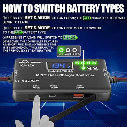 SOLPERK MPPT 10A 12V Solar Charge Controller with LCD Display, Solar Panel Charge Controller with Type-C and USB Output for Solar Panel Regulator Gel AGM Lead-Acid Lithium LiFePO4 Battery