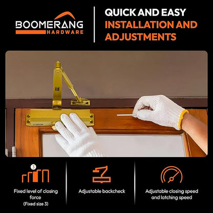 Boomerang Medium Duty Automatic Commercial Door Closer - D703 Hydraulic UL 3 hr. Fire Rated Closer, Surface-Mounted Size 3 for Home & Light Commercial Doors, Painted Brass/Gold (US4)