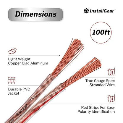 InstallGear 14 Gauge Wire AWG Speaker Wire (100ft - Clear) - Speaker Cable for Car Speakers Stereos, Home Theater Speakers, Surround Sound, Radio, Automotive Wire, Outdoor - Speaker Wire 14 Gauge