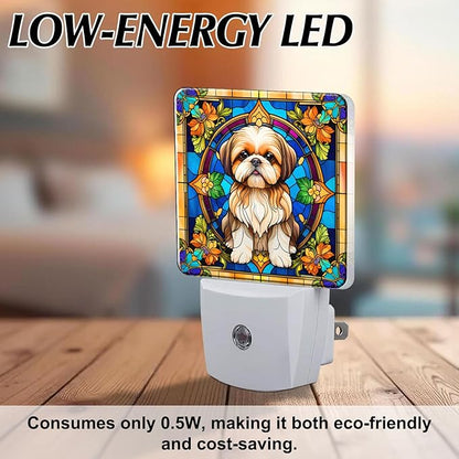 PODMemory Shih Tzu Stained Glass Night Lights Plug into Wall for Room, Shih Tzu Night Light LED for Bedroom