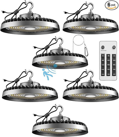 Lightdot Smart LED High Bay Light 300W 45000lm Commercial Bay Lighting 5000K AC100-277V UFO LED High Bay Shop Lights with Remote Control Supports Normal Mode & Motion Mode-6Pack