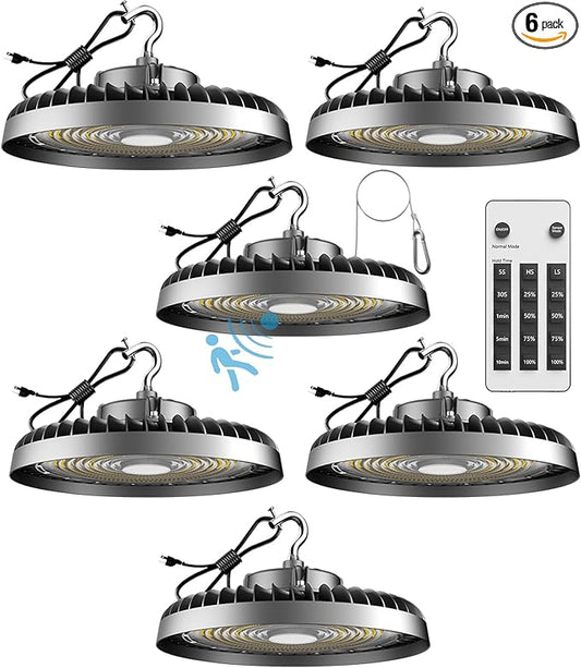 ACOHOOK 300W LED High Bay Light Motion Sensor(Energy Saving), 45000lm Commercial Bay Lights with Remote Control AC100-277V High Bay LED Shop Lights Supports Normal Mode & Motion Mode Switching- 6Pack
