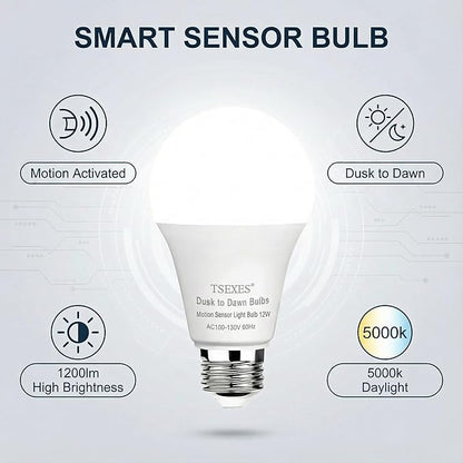 TSEXES Motion Sensor Light Bulbs, 12W (100Watt Equivalent), Motion Activated Dusk to Dawn Security LED Bulb, 3000K Soft White for Outdoor & Indoor,Porch, Stairs, Hallway, 4-Pack
