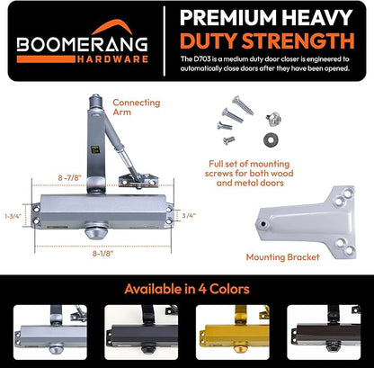 Boomerang Medium Duty Automatic Commercial Door Closer - D703 Hydraulic UL 3 hr. Fire Rated Closer, Surface-Mounted Size 3 for Home & Light Commercial Doors, Aluminum/Silver (US26D)