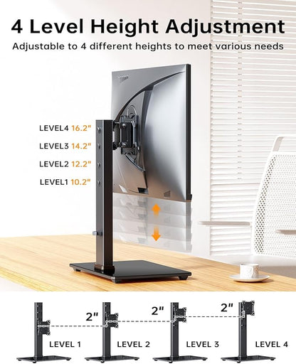 Single Monitor Stand, FreeStanding Desk Stand for 13-32 inch Screens, VESA Mount Monitor Riser with Swivel, Tilt, Rotation, 4 Height Options, Tempered Glass Base, Max Load 77lbs VESA 75x75mm-100x100mm
