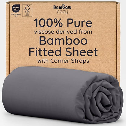 Bambaw 100% Viscose Derived from Bamboo Fitted Sheet Twin Size, Cooling Fitted Sheet with Corner Straps, Twin Mattress Fitted Sheet Only, 15’’ Deep Pocket Single Fitted Sheet Twin Size (Charcoal)
