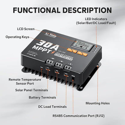 LiTime 30 Amp MPPT 12V/24V/Auto DC Input Solar Charge Controller Build-in Bluetooth Module, Parameter Adjustable LCD Display LED Indicators Solar Panel