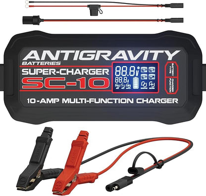 Antigravity SC-10 Super-Charger 10A Smart Battery Charger & Maintainer for 6V/12V Lithium (LiFePO4) & Lead-Acid Batteries – LCD Display, Power Supply Mode, BMS Reset