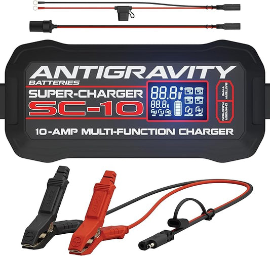 Antigravity SC-10 Super-Charger 10A Smart Battery Charger & Maintainer for 6V/12V Lithium (LiFePO4) & Lead-Acid Batteries – LCD Display, Power Supply Mode, BMS Reset