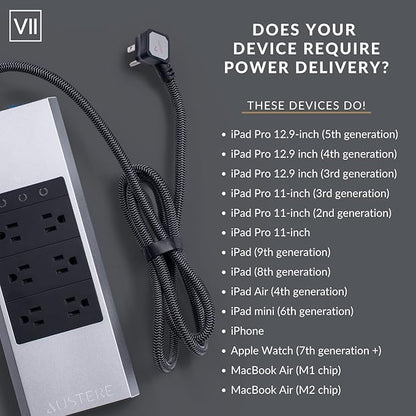 Austere VII Series, 6 Outlet Surge Protector Power Strip, 4000 Joules, Isolated EMI/RFI Filtering, 1 USB-C 45W Fast Charger, 2 USB-C and 2 USB-A 2.4 amp Ports, 7 Year Component Guarantee