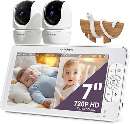 Comfyer 7" HD Split-Screen Baby Monitor with 2 1080P Cameras, 48 Hrs 6000mAh Battery Runs 2 Days in VOX Mode, No WiFi Monitor with a Flexible Bracket, 2 Way Audio, Remote PTZ, Auto Night Vision
