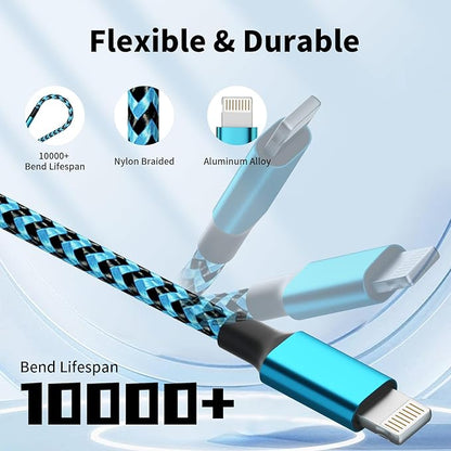 Firsting Multi Charging Cable(2Pack 4FT), 3 in 1 Charging Cable Nylon Braided Universal Charger Phone Charger Cord with Type-C,Micro USB,IP Port for iPhone16/15 Series/Phone&Pad-Blue+Gray