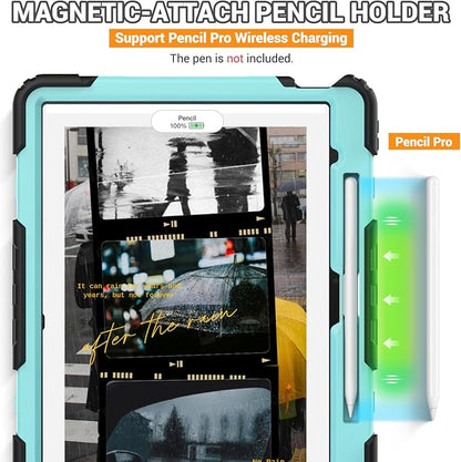 SEYMAC for iPad Air 13 Inch Case M3 2025/ M2 2024, Heavy Duty Shockproof Protective Case with Screen Protector, 360° Rotating Stand, Hand/Shoulder Strap and Pen Holder for iPad Air 13, Light Blue