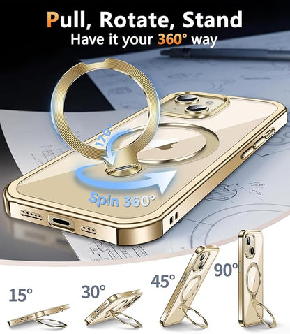 [360° Rotatable CD Stand & Built-in Privacy Screen Magnetic Case for iPhone 15 [Compatible with MagSafe & Full Signal] Mil-Grade Shockproof Full Body Anti-Spy Cover for 15-Gold