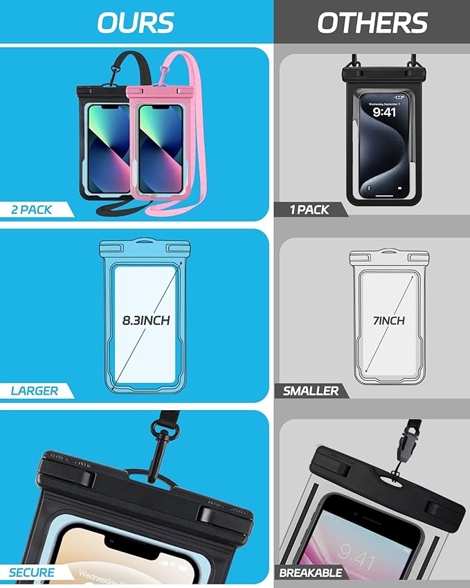 Waterproof Phone Pouch for Cruise Essentials 2025, Beach Vacation Essentials Cruise Ship Essentials Must Haves for Travel, Dry Bag Case for iPhone 16 15 14 13 12 Plus Pro Max Galaxy Pixel 2 Pack