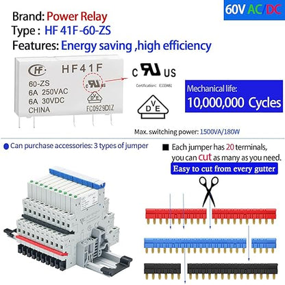 10Pcs Electromechanical Relay Miniature Power Relay 110V/ 120V AC/DC HF41F/60-ZS 1NO 1NC 6A SPDT with LED Indicator, Socket Base, DIN Rail Slotted UL Listed