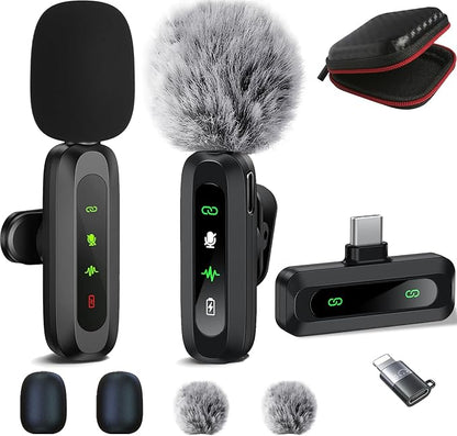 Wireless Lavalier Microphone for iPhone Android Plug-Play,2 Pack Mini Microphone Professional Noise Reduction Recording Clip Mic for Creator Vlog Creator (All iPhones & Androids (USB-C + Lightning))