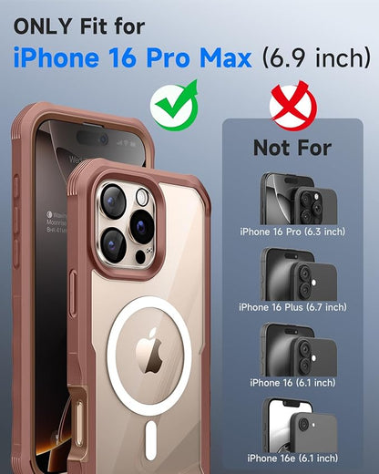 seacosmo for iPhone 16 Pro Max Case, Full Body Bumper with Built-in 9H Tempered Glass Privacy Screen Protector and Camera Lens Protector, Compatible with MagSafe, Shockproof Case, 6.9", Desert Brown