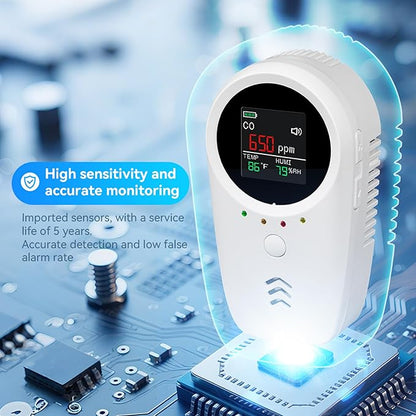 Rechargeable 5-in-1 Carbon Monoxide & Natural Gas Detectors with Temperature/Humidity LCD Display & 2000mAh Lithium-ion Battery, Portable Plug in Co Detector for Home Travel RV Essentials, 1PCS