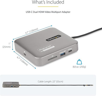 StarTech.com 7-in-1 USB C DisplayLink Dual Monitor Docking Station, 4K 60Hz HDMI Dock for MacBook M1 M2 M3 M4 & Windows, USB 10Gbps Hub, Gigabit Ethernet, SD, 100W PD, 22in (56cm) Cable