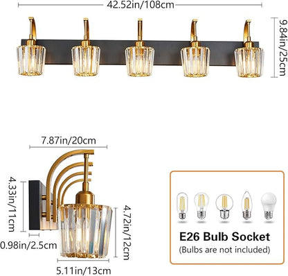 FDPBY Modern Bathroom Vanity Light, 5-Light Black Gold Wall Sconce with Crystal Accents, Over Mirror Bathroom Lighting Fixture, 42.52" Long Dimmable Vanity Lamp for Makeup, Easy Installation