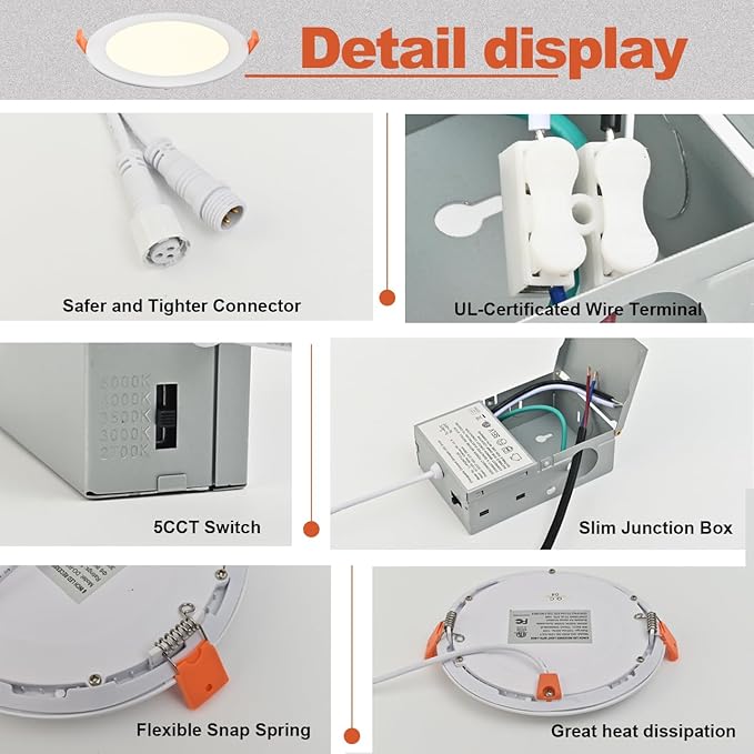 MKUJOO 36 Pack 6 Inch Ultra-Thin LED Recessed Ceiling Light with Junction Box,panel light,Daylight, 13W,2700K/3000K/3500K/4000K/5000K Selectable Dimmable Downlight ETL&FCC&CE and Energy Star Certified