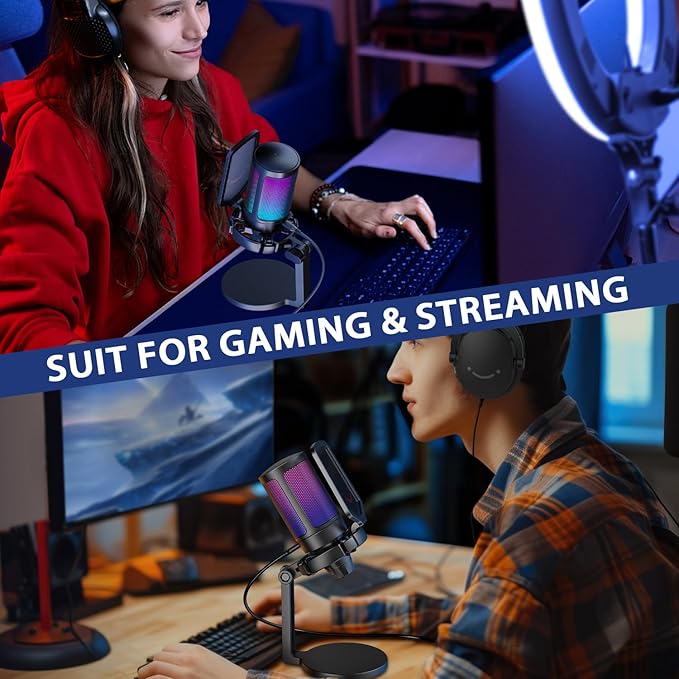 Fifine USB Microphone for PC Gaming, Computer Desktop Streaming Microphone with Mute Button, Gain Knob for Video Podcast, RGB Mic for PS4/PS5, Laptop A6NEO