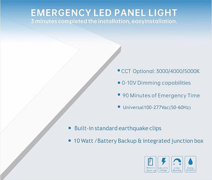2X4 LED Flat Panel Light with Emergency Battery Backup, 50W 3000K/4000K/5000K, 0-10V Dimmable, 6500 Lumens, LED Drop Ceiling Lights, 100-277V, DLC UL Listed, Ultra Thin Back-Lit (2 Pack)