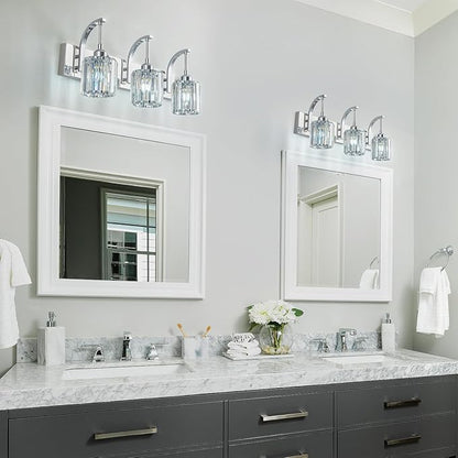 FDPBY 3-Light Crystal Vanity Light, Modern Chrome Bathroom Wall Sconce with K9 Crystal Shades, 23.62" Long Over Mirror Lighting for Vanity, Makeup, Hallway, Elegant & Durable