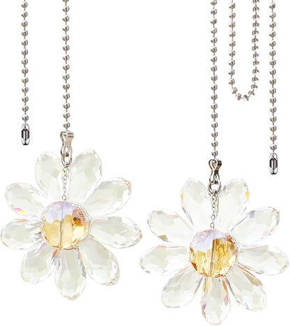 LEFERS Ceiling Fan Pull Chain, 2 Pieces 1.8" Crystal Glass Flower Pendants with 24" Ceiling Fan Chain Extender and Connector (Clear)