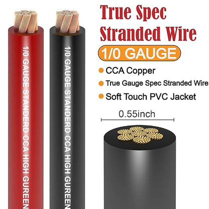 1/0 Gauge Wire CCA (20Ft Each Black/Red) Primary Automotive Wire with Lugs Kit,250A ANL Fuse,1/2 Inch Cable Split Sleeving,Battery Cable,Car Amplifier Power Ground Wires,Amp Install Wiring
