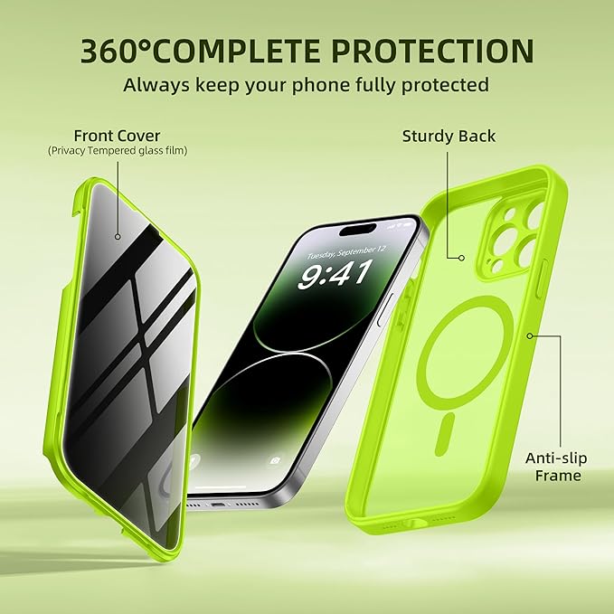BERFY Magnetic for iPhone 14 Pro Max Case,Compatible with MagSafe,Built-in Privacy Screen Protector and Upgraded Camera Protection,Anti-Spy Full Body Shockproof Phone Case for 14 Pro Max, Bright Green