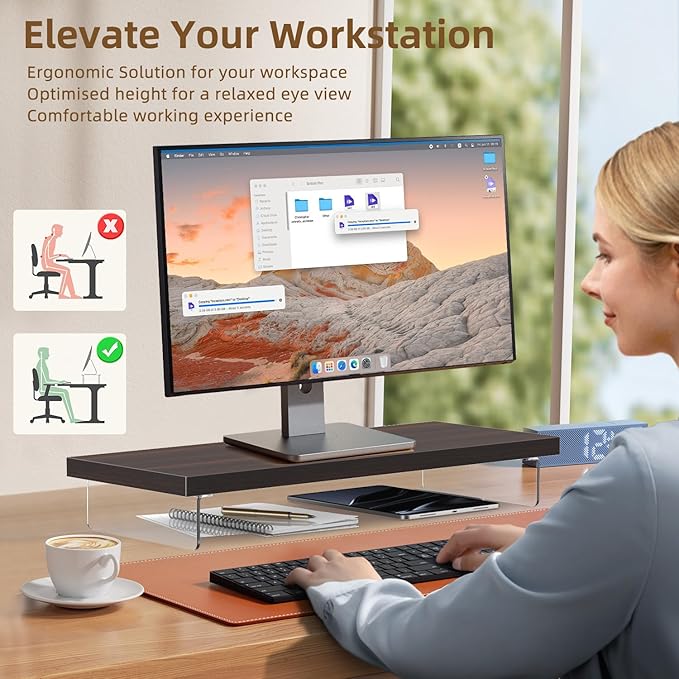 SSWOOD Monitor Stand Riser, Wood & Acrylic Computer Monitor Stand Desk Desktop Organizer Table For Home, Office Workspace, Laptop Riser, Printer, PC & TV Screen Riser