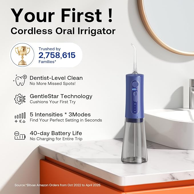 Bitvae Cordless Water Dental Flosser for Teeth, Portable 300ML Water Teeth Cleaner Picks, 3 Cleaning Modes 6 Jet Tips, Water Dental Picks for Cleaning (Midnight Blue)