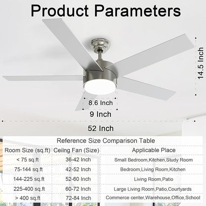 POCHFAN 52 Inch Brushed Nickel Ceiling Fans with Lights,Ceiling Fan with Remote Control,Reversible DC Motor,3 CCT 6-Speed,Noiseless Ceiling Fan for Bedroom,Living Room,Dining Room,ETL Listed