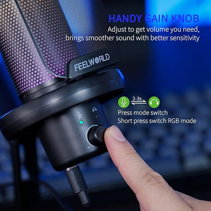 FEELWORLD VM1 Gaming PC USB Microphone Condenser Mic with Noise Cancellation Mute RGB Light, Computer Accessories Gifts for Gamer YouTube Twitch Podcast Streaming Recording Online Chat PS4 PS5